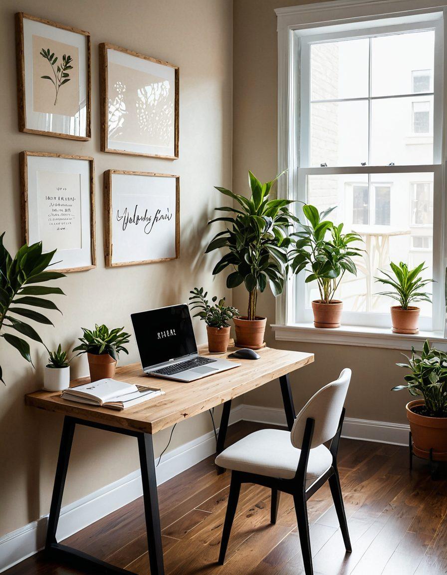 A serene and organized home office desk, bathed in warm natural light from a large window, showcasing a minimalist yet cozy setup with a wooden desk, potted plant, soft ambient lighting, and a sleek laptop. A motivational quote is artfully placed on the wall in the background. Painting. Warm tones. Vibrant colors.