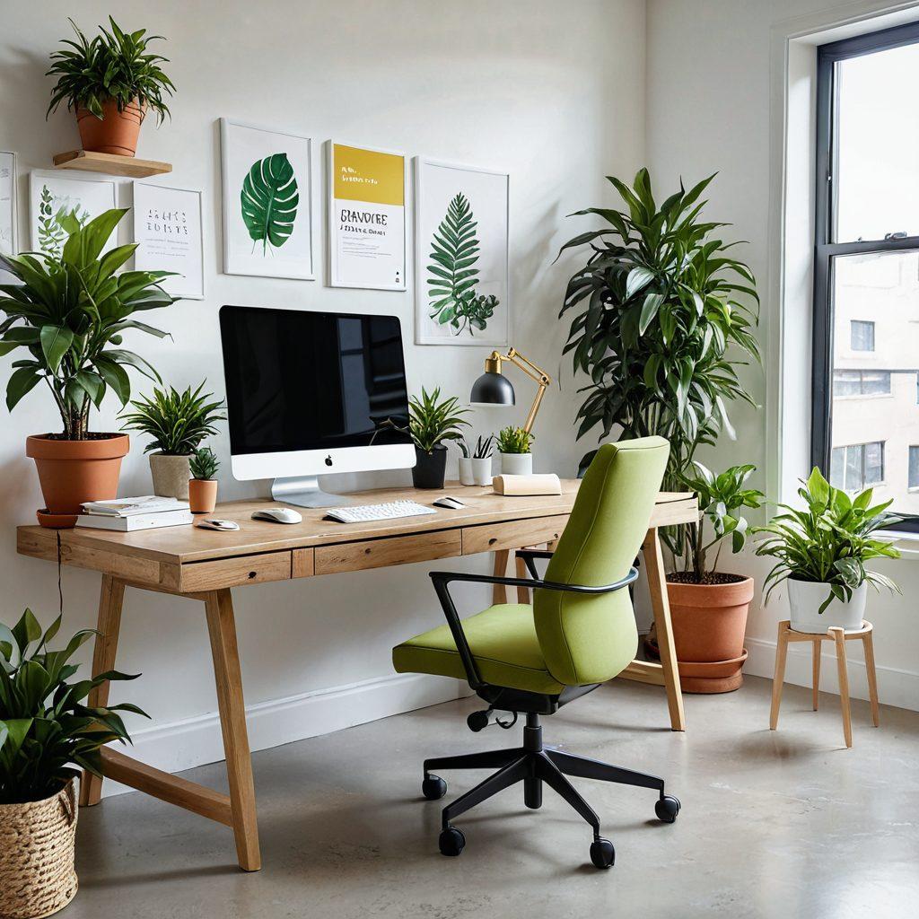 A modern workspace featuring a sleek desk with a high-resolution monitor, ergonomic chair, green indoor plants, colorful stationery, and motivational posters on the wall. Sunlight streaming through a large window, creating a cheerful and productive atmosphere. Vibrant colors. super-realistic. white background.