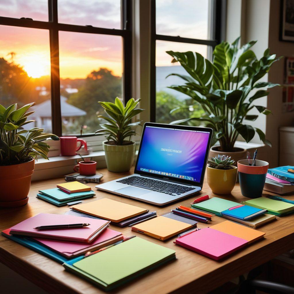 A vibrant and organized desk setup with colorful stationary, lush potted plants, and inspirational quotes on sticky notes. A sunrise visible from a large window illuminating the workspace. A coffee mug and a laptop with a cheerful wallpaper showcasing productivity apps. Super-realistic. Vibrant colors. Bright and inviting atmosphere.
